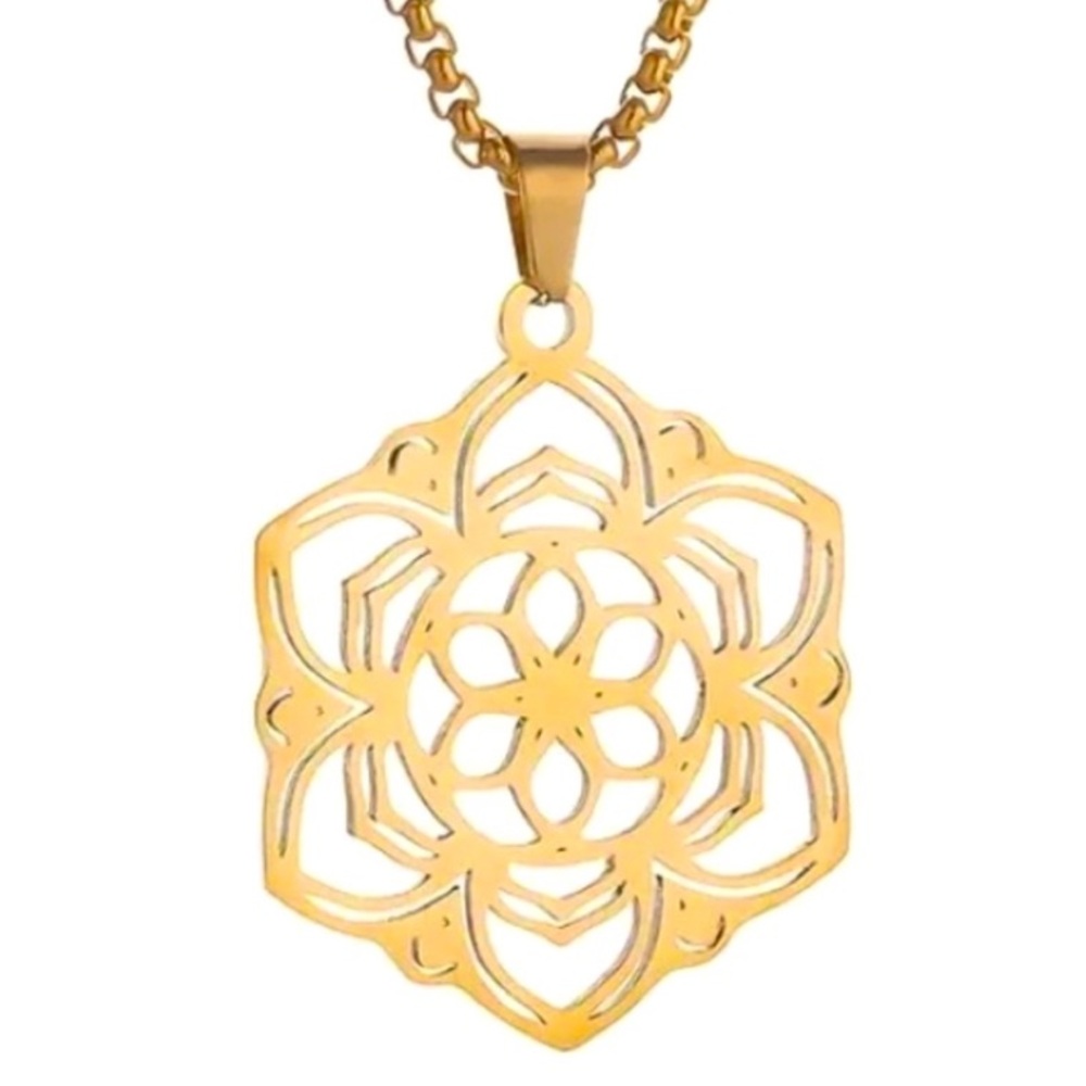 Gold Plated Stainless Steel Mandala Lotus Flower Pendant Necklace Box Chain 24”